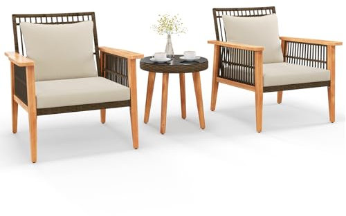 COSTWAY 3PCS Rattan Garden Furniture Set, Acacia Wood Bistro Set with 2 Armchairs, Glass Side Table & Cushions, Outdoor Wicker Conservatory Sofa Table Set