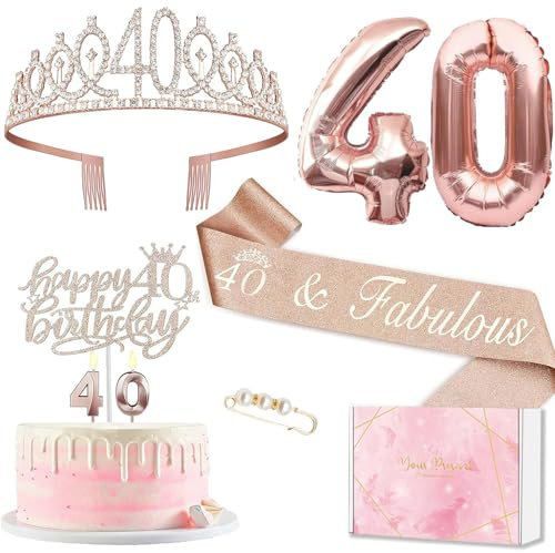 Deko 40. Geburtstag Frauen, 40. Geburtstagskrone und Schärpe, Happy Birthday Tortendeko und Kerzen, Roségold Folienballon 40, Geburtstagsgeschenk für 40 Jahre Frau