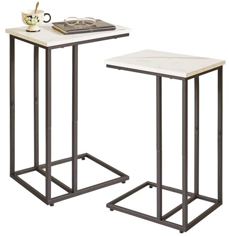 Aibiju 2 Stücke C-Form Beistelltisch, Betttisch Laptoptisch, Beistelltisch Couch, Couchtisch klein, Nachttisch modern, Weißes Marmormuster Holzbretter und schwarzer Metallrahmen, YD-TM051B-2