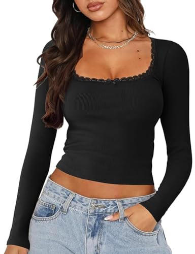 Lancifolium Trending Square Neck Cute Bow Lace Trim Long Sleeve Knitted Crop Tops for Women Teen Girls 2024, Black, S