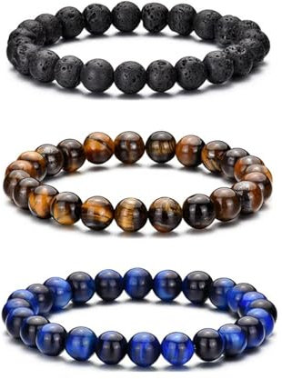 MOROTOLE Armband Herren, 8 mm Tigerauge Lavastein Armbänder für Herren Set Naturstein Perlenarmband Männer Schmuck Geschenke