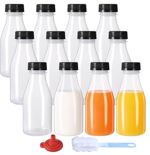 ZMCYN 12 Pack 250ml Plastic Milk Bottles with Lids (Dishwasher Safe), PP Heat Resistant Mini Juice Bottle, Reusable Small Plastic Milk Bottles for Juice, Smoothie, Homemade Beverage