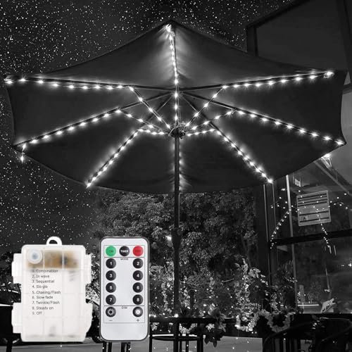 Sonnenschirm Lichterkette,KINGCOO 104LED Regenschirm Hängende Lichter Außen und Innen Dekoleuchte Beleuchtung Lichtbänder mit Fernbedienung Timer Batteriebetrieben für Campingzelte Garten (Weiß)