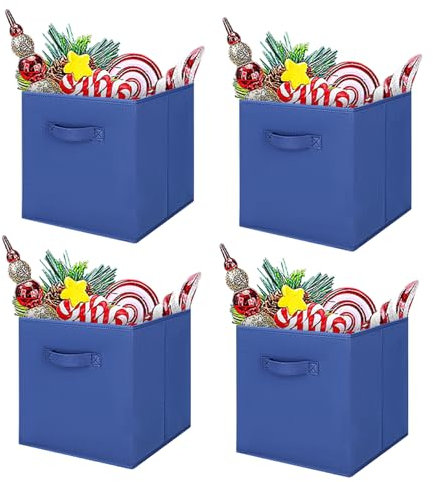 JF HOME BLISS 4 Pcs Cube Storage Box Collapsible Organizer Bin 27x27x28cm Cubes Fabric Storage Bins with Handles Open-Top Toys Box for Closet Shelves Drawer Bedroom Blue