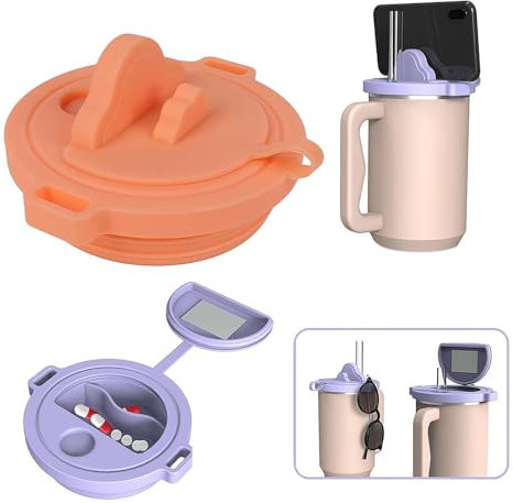 Stanley Becherdeckel, Handyhalter, 3-in-1-Silikondeckel für Stanley 1,2 l Becher mit Telefongriff, Brillenhaken und Ringaufbewahrung, Organizer, Zubehör für Stanley Tumbler Cup (Orange)