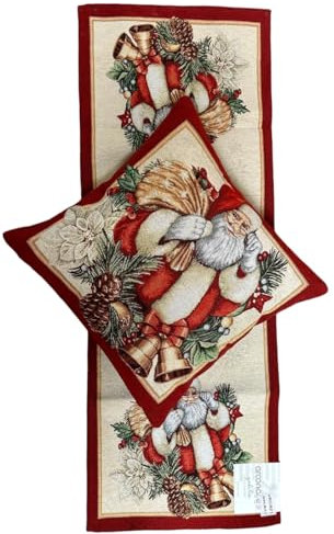Weihnachts-Set aus Gobelin und Lurex, Tischläufer 40 x 100 cm, + Kissen 45 x 45 cm mit Reißverschluss und Füllung, rot, Weihnachtsmann