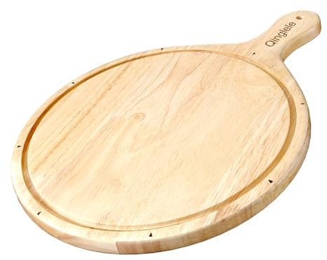 Qinglele Assiette à pizza en bois d'hévéa épaisse - Planche à pizza ronde - Grande planche à pizza avec poignée - Plaque à pizza pour pizza - Diamètre : 30,5 cm