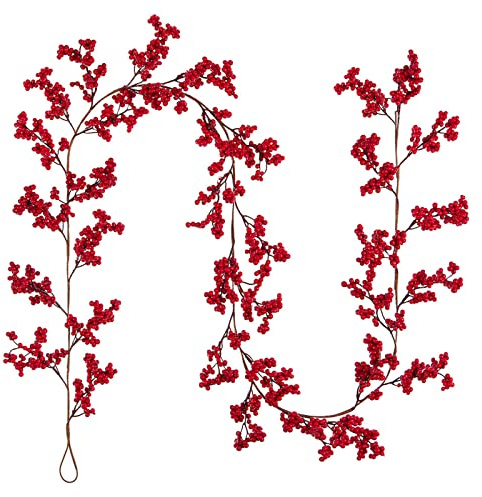Guirlande de baies rouges – Vigne de houx de Noël de 1,5 m pour sapin de Noël, guirlande de baies d'hiver pour cheminée, arbre de Noël, fenêtre, porte, décoration d'intérieur et d'extérieur