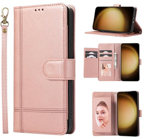 Wuhaizher for iPhone 15 Pro Case with Mirror Flip Wallet, Rose Gold | Folio Phone Cover for Girls Women, Shockproof Bumper Protection, PU Leather, Card Holder, Kickstand, Magnetic Closure, Strap