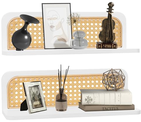 Wandregal Weiß Boho 2 Set, Rattan Wandregale Boho Wanddeko, Rustikal Modern Dekorative Holz Schweberegal Aufbewahrung, Platzsparend, für Wohnzimmer, Kinderzimmer, Schlafzimmer, Küche, 40x12.2x13cm