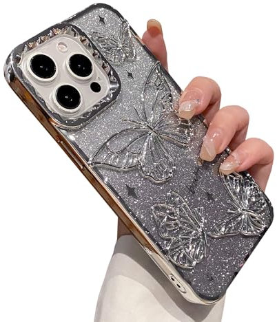 QoKcoahn Butterfly Phone Case for iPhone 11 Pro Max,Cute Bling Butterfly Luxury Sparkle Glitter Diamond Crystal Rhinestone 6D Electroplated Soft TPU Protective Cover for Girls Women Silver