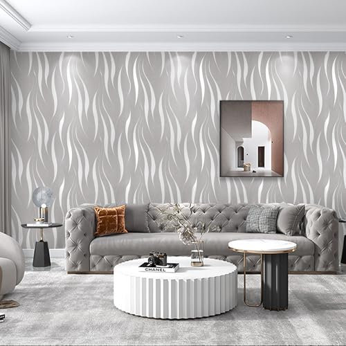 Beswitory Grey Wallpaper Modern Minimalist 3D White Glitter Wallpaper for Living Room Bedroom TV Backdrop Kitchen, Feature Short Wave Stripe Geometric Pattern
