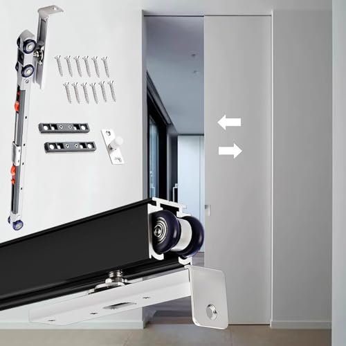 Kit rail pour porte coulissante à fermeture douce – Rail de porte coulissante avec rouleau et vis – Noir 1 m – Idéal pour les portes de grange, chambre à coucher et terrasse