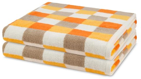 Ross 2er Set Duschtücher Cashmere Feeling Karo – 500 g/m², Garngefärbter Walkfrottee aus 100% Baumwolle – Flauschig, Saugstark & Pflegeleicht – Modischen Farben - Orange/weiß