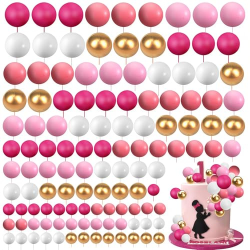 120 Stück Tortendeko Kugeln Cake Topper Rosarot Hellrosa Weiß Gold | Mini Ballons Tortenaufleger, DIY Mini Ballon Cupcake Einsatz, Kuchen Dekoration Kugel, für Geburtstag Party Babyparty