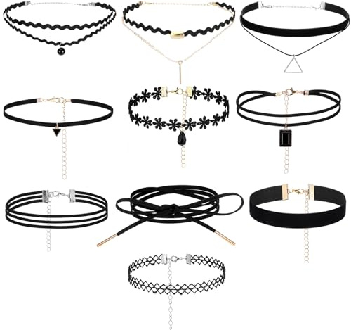 Heclia 10 Sets Schwarz Halsketten-Set Choker Set aus Spitze und Samt mehrlagig klassisches Choker Set Chokers Halskette Samthalsband für Damen verstellbar Gothic Punk Elastische Tattoo-Halsband