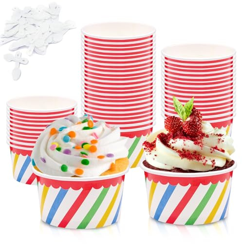 Bakiauli 50 Pcs Ice Cream Cups 200ml, Paper Dessert Bowls with Spoon for Yogurt Treats Home Party Supplies
