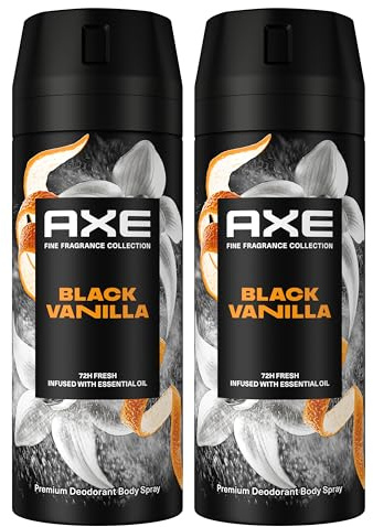 AXE Déodorant Homme Spray Black Vanilla Collection Prestige 2x150ml | 72h de Protection Anti-Odeurs, Collection Parfum Prestige, Vanille Orange & Bois de Santal, Plus d’Actifs Anti-Odeurs au Zinc