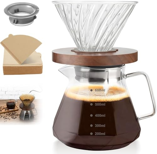 Caffettiera Pour Over, Caffettiera a Goccia in vetro trasparente da 600 ml, vassoio in noce nera e imbuto a spirale, per casa bar ristorante e campeggio (include 100 carte da filtro)