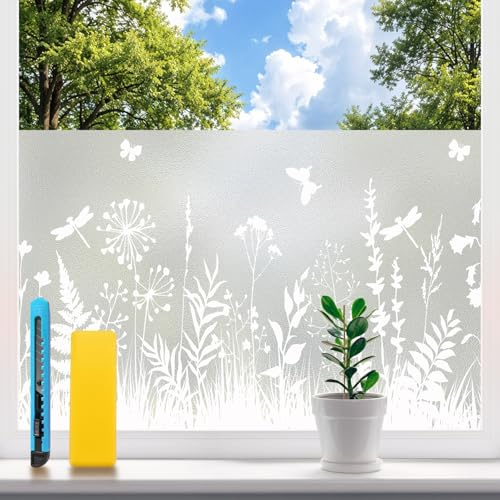 Weeoley Fensterfolie Blickdicht Milchglasfolie 44,5 x 200 cm Blumenmuster | Sichtschutzfolie, Selbsthaftend ohne Klebstoff, UV-Schutz, statisch haftende Dekorfolie für Bad, Schlafzimmer & Küche