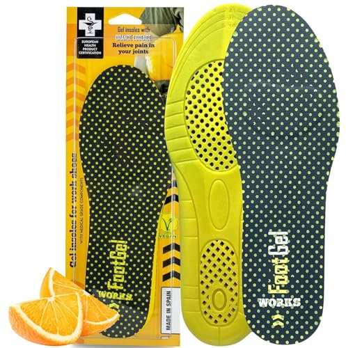 Footgel - Plantillas Gel Works® | Plantillas Trabajo Hombre/Mujer Uso Diario Transpirables, Cómodas | Estabilizadoras, Previenen Dolores en Pies, Rodillas y Lumbares | Naranjo, Tallas 48 a 52