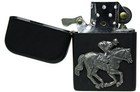 Benzinfeuerzeug mit Pferde- und Jockey-Motiv