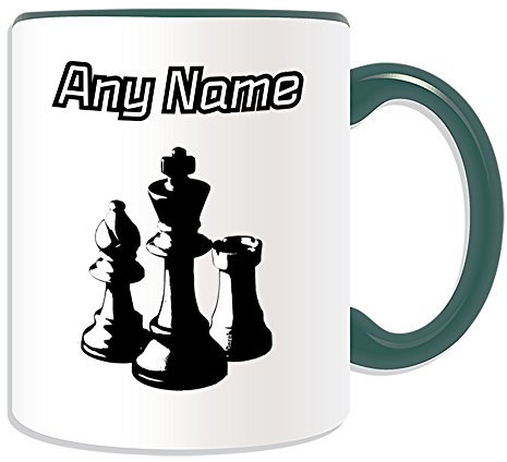 Taza personalizable, diseño de ajedrez blanco y negro (tema de diseño deportivo y de pasatiempos, opciones de color) – cualquier nombre/mensaje en su único – tablero de ajedrez juego de mesa rey rook