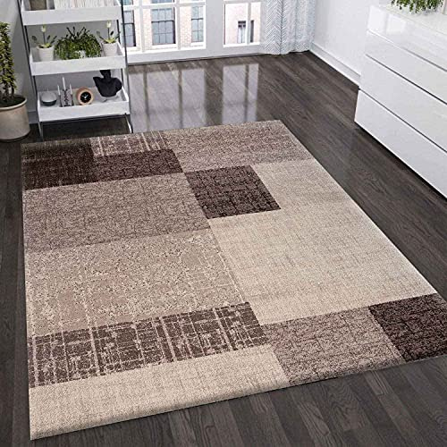 VIMODA Wohnzimmer Teppich Kurzflor in Beige Braun Designer Teppiche Modern Kachel-Optik Kariert Pflegeleicht, Maße:60x110 cm