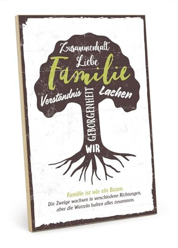 TypeStoff Holzschild mit Spruch – FAMILIE-BAUM-WORDCLOUD – im Vintage-Look mit Zitat als Geschenk und Dekoration - HS-00561