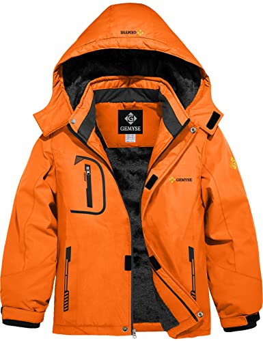 GEMYSE Veste de Ski pour Garçon Enfant Manteau Hiver Chaud Imperméable Coupe-Vent Blouson avec Capuche et Polaire(Orange,140-146)