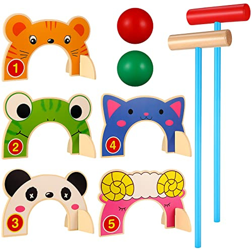 TOYANDONA Kids Croquet Set 2 Player - Animal Croquet Set Wooden Outdoor Games Activities with Wooden Mallets Colored Balls for Kids Indoor Lawn Backyard Park and More