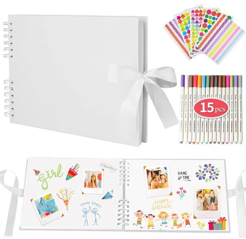 Scrapbook Photo Album 80 Black Pages Memories Photo Albums Customizable,11.5 X 8.5 Inch Scrapbooks DIY Photo Album for Baby Child,with 15 Metallic Marker Pens,for Family,Wedding Memory Book,White