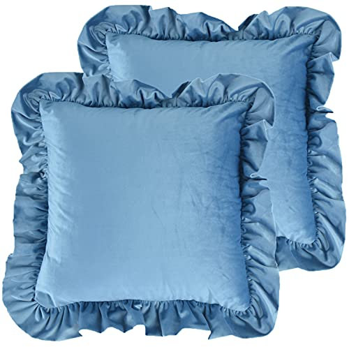 Jemiipee Samt-Kissenbezüge mit Rüschen, 2er-Set, dekorative Kissenbezüge mit Rüschen, 50,8 x 50,8 cm, einfarbig, Shabby-Chic-Stil, Bauernhaus-Kissenbezug für Wohnzimmer, Sofa, Bett, Schieferblau