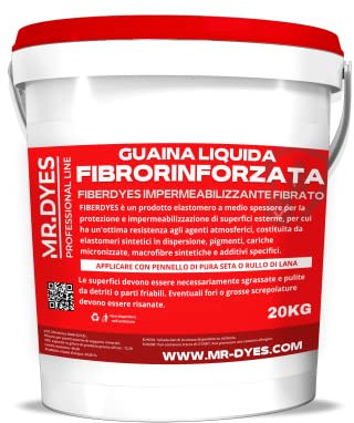 FIBERDYES Guaina Liquida Fibrorinforzata Impermeabilizzante Monocomponente, Gomma Liquida, Membrana Impermeabilizzante, Vari Colori, Formati 1 Kg, 6 Kg, 20 Kg. (20 KG, ROSSO)