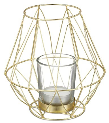 Relaxdays Teelichthalter, geometrisches Design, Kerzenhalter mit Votivglas, Metall, Kerzenständer, Gold, 14 x 14 x 14 cm