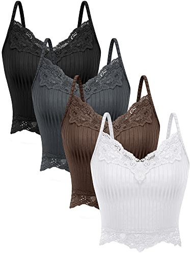 Bencailor 4 Stück Y2k Spitze Camisole Tank Tops Feen Grunge Gerippte Gestrickte Spitze Cami Crop Tops (Schwarz, Weiß, Haut, Grau, XXL)