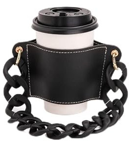 Alunsito Wiederverwendbarer Kaffeebecherhalter mit dekorativer Kette, Getränkehalter aus PU-Leder, tragbare Teehülle, Schwarz