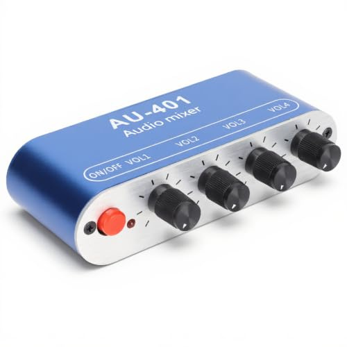 PUSOKEI Stereo Mixer 4 in 1 Ausgang, Tragbarer 4 Kanal Line Mixer, DC 5V-12V 3,5 mm Sound Selector Verstärker für PC, Handy, Laptop, Lautsprecher, Kopfhörer