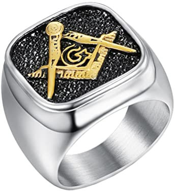 PAURO Herren Edelstahl Jahrgang Freimaurer Ring Punk Stil Gold Schwarz Größe 54 (17.2)