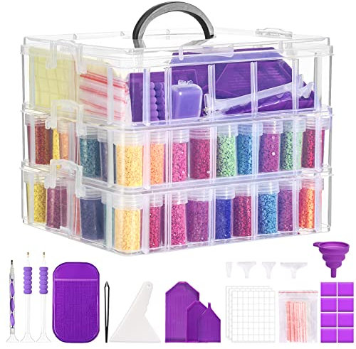 QUEFE 3-Tier Diamond Painting Storage Container, 100 Slots Clear Stackable Bead Organzier with Diamond Painting Accessories and Tools for DIY Diamond Art Craft Jewelry Bead Storage