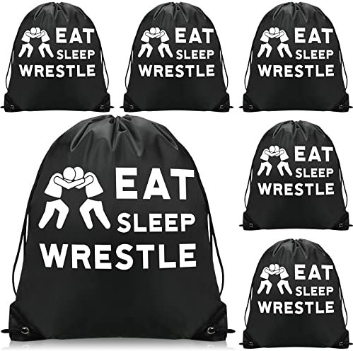 Chunful 6 Stück Wrestling Sport Pack Cinch Sack Eat Sleep Wrestle Rucksack Kordelzug Rucksack für Damen Herren Teens Wrestle Fans Sport Fitnessstudio, schwarz, weiß, approx. 12.6 x 16.93 inches
