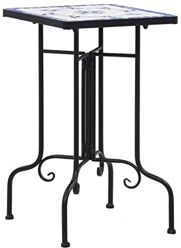 homiuse Mosaik-Beistelltisch Keramik Blumenhocker Pflanzenhocker Balkontisch Bistrotisch Beistelltisch Metall Kleiner Beistelltisch Tisch Rund Blumenbank Gartenregal Blau und Weiß 35x35x56 cm