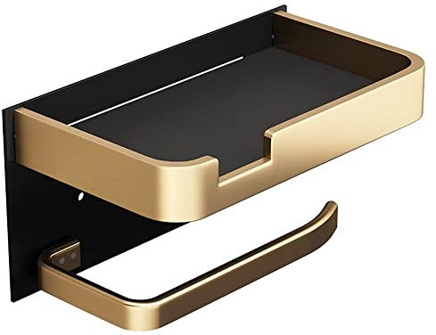 Toilet Paper Roll Holder with Phone Shelf,Wall Mounted Toilet Paper Holder,Rustproof Bathroom Washroom Kitchen Hotel Tissue Roll Holder with Shelf,Toilet Paper Roll Black Gold