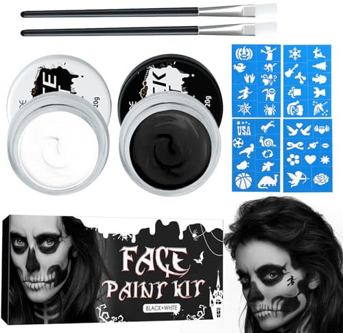 Shinybox Pintura Facial y Corporal Blanco Negro, Pinturas Corporales Blanco y Negro con 4 Plantillas, Maquillaje Halloween Escenario Efectos Especiales para Carnaval, Fiestas