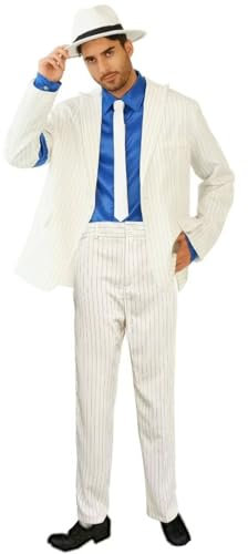 Shuanghao Outfit Kostüme für Erwachsene Kinder Weihnachten Halloween Cosplay Rollenspiel Partys Tänze Retro Punk Männer Frauen Streifen Anzugjacke+Pants+Shirt+Hut+Tie (Weißes 150