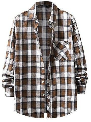 Henley Chemise à manches longues pour homme, à carreaux, col rabattu, chemise d'été en lin, coupe ajustée, confortable, pour homme, en lin, Marron D., L