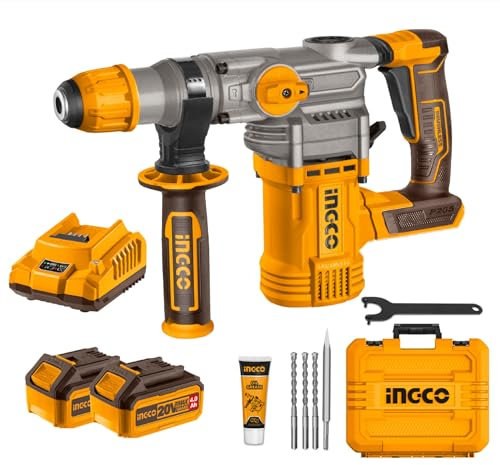 INGCO Lithium-Ion 20V Brushless Rotary Hammer, 4.5J, 930RPM, 4400BPM, 3IN1 Function Adjust Knob, 3Pcs Drill Bits and 1Pcs Chisel, with 2Pcs 4.0Ah Battery and 1Pcs Fast Charger CRHLI202882