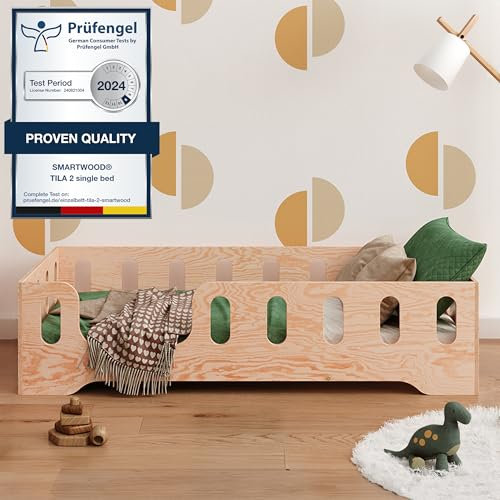 smartwood Bodenbett 80x160 Montessori Kinderbett aus Holz mit FSC-Zertifikat TILA 2L mit Rausfallschutz & Lattenrost bis 230kg belastbar - Einfache Montage