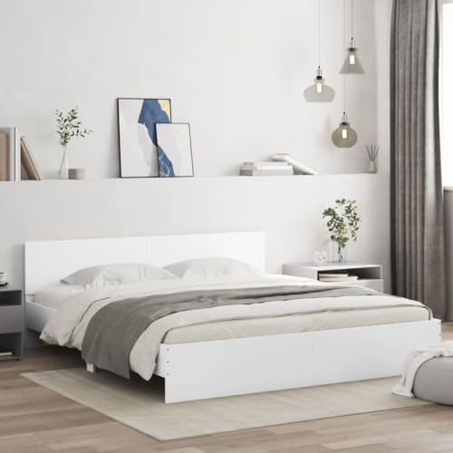 vidaXL White Engineered Wood Bed Frame with Headboard - Modern Bedroom Base/Bedstead 160x200 cm - Plywood Slats, Supportive Headboard