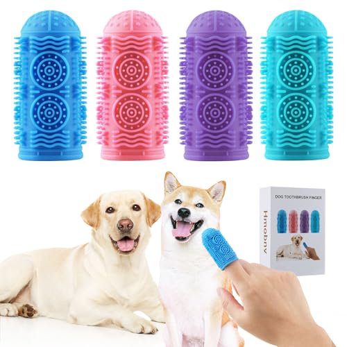 Hmobnv Hundezahnbürsten-Set, Fingerzahnbürste für Hunde, Zahnbürste für mittelgroße und große Hunde, Zahnreinigung, Zahnbürste, Finger für größere Katzen, Haustierzahnbürste, 4 Stück, Blau, Lila, Rosa